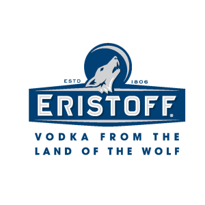 Logo Eristoff ritraente un lupo ululante. Colori Blu e argento